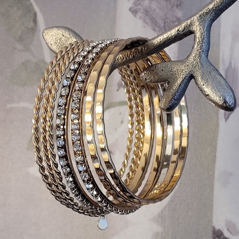 Gold-tone & Rhinestones Bangle Bracelet Bundle (8 bangle bracelets) - Picture 4 of 16